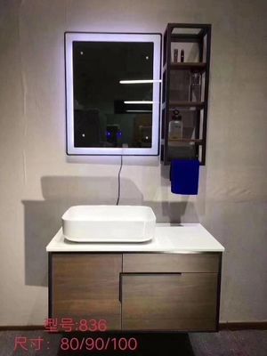 Vanidades preparadas de antemano rústicas del cuarto de baño, vanidad prefabricada blanca delgada del cuarto de baño con el espejo del top LED